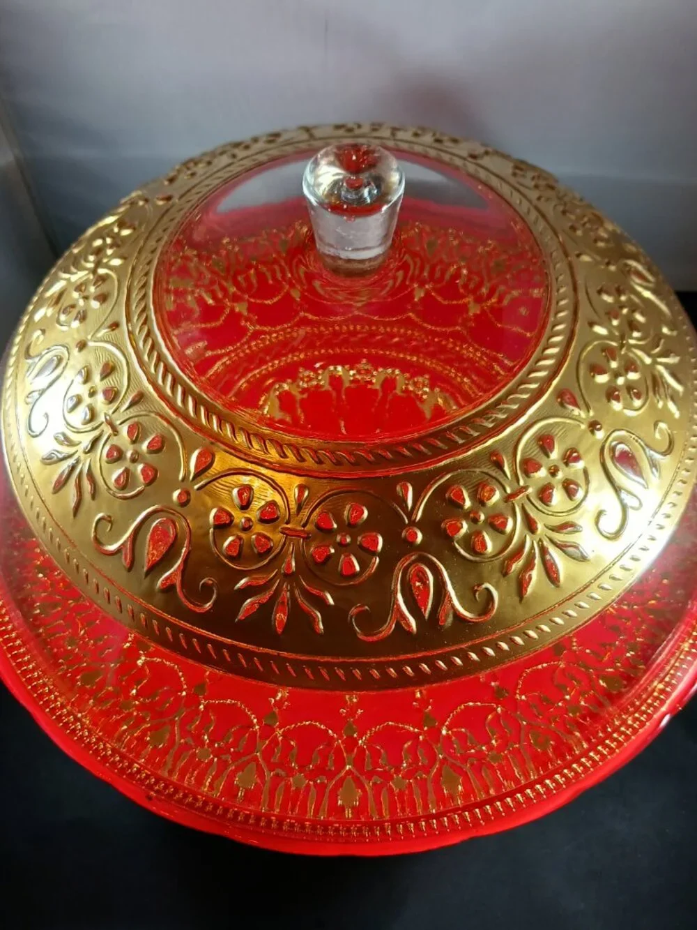 Vintage Gold Art Glass Turkish Cake Stand and Dome Glass